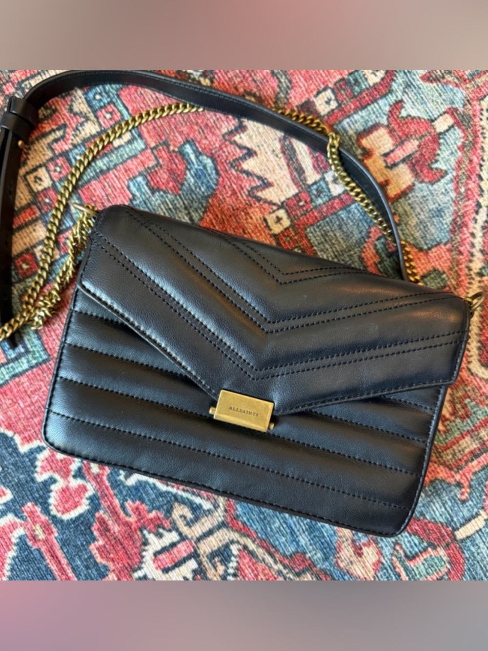AllSaints Justine Quilted Leather Crossbody Envelope Black Brass Hardware